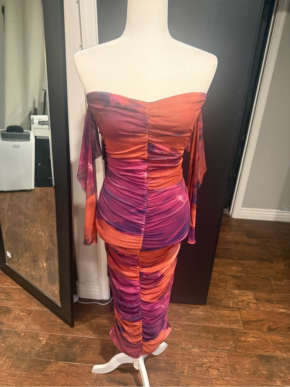 Off-Shoulder Ruched Midi Dress in Sunset Print
